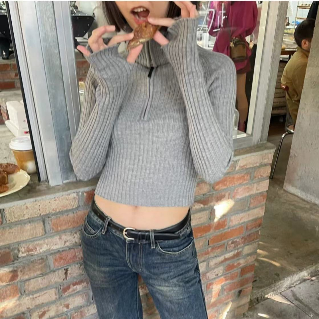 国潮Rare * yジッパー高襟修身ウールセーター女性秋冬坑条痩せ指ニット上着