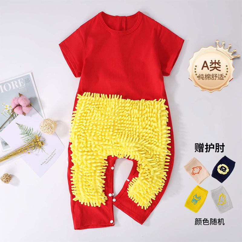Summer Thin Baby Short-Sleeved Jumpsuit Mop Man Crawling Suit Baby Mopping Clothes to Wipe the Floor and Prevent Dirt