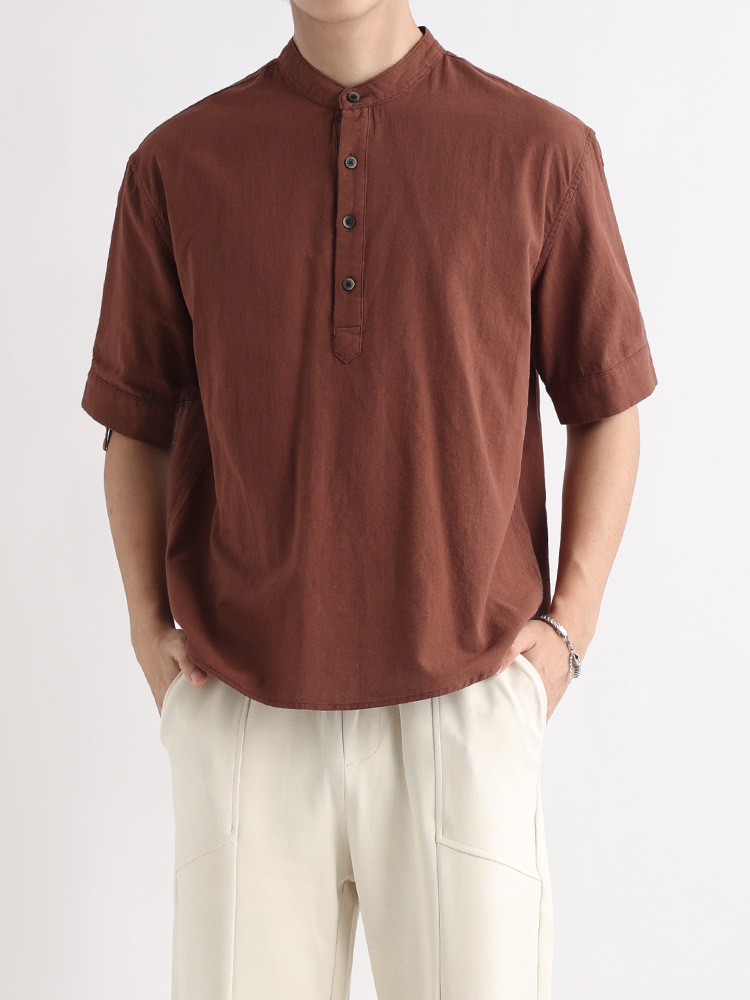 Camisa de hombre de manga corta con cuello Henry de algodón pesado, ropa de hombre suelta, marca de moda de verano para hombre, camisa casual de alta gama, verano para hombre