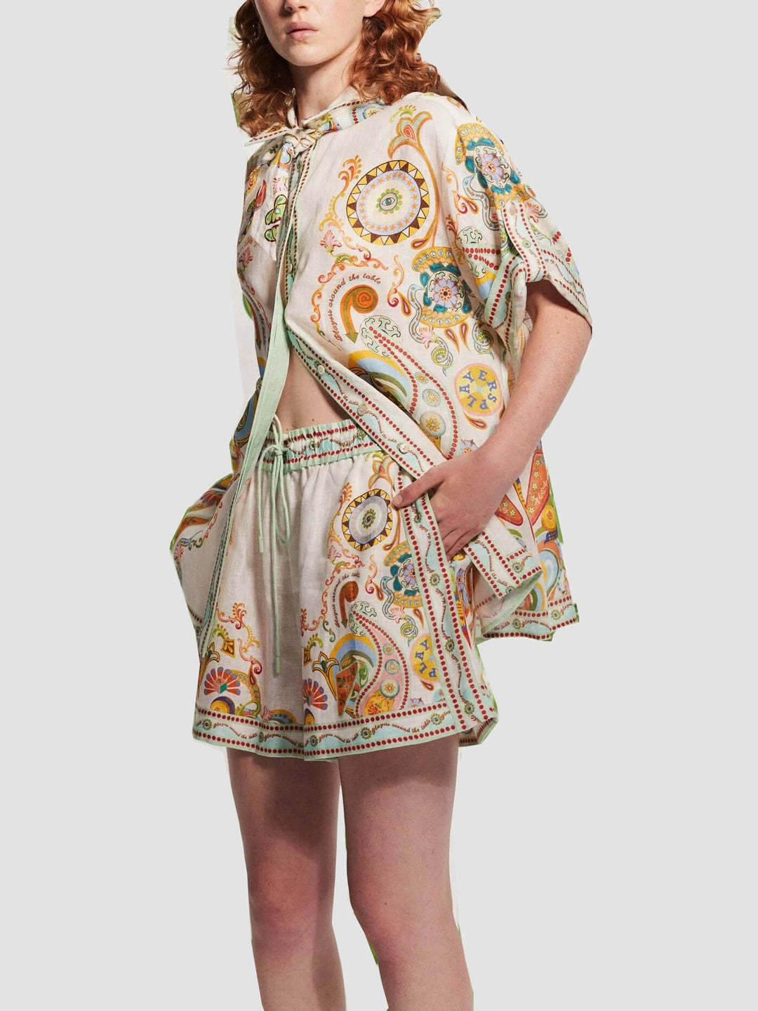 Linen Graffiti Linen Macaron Collared Shorts Sets