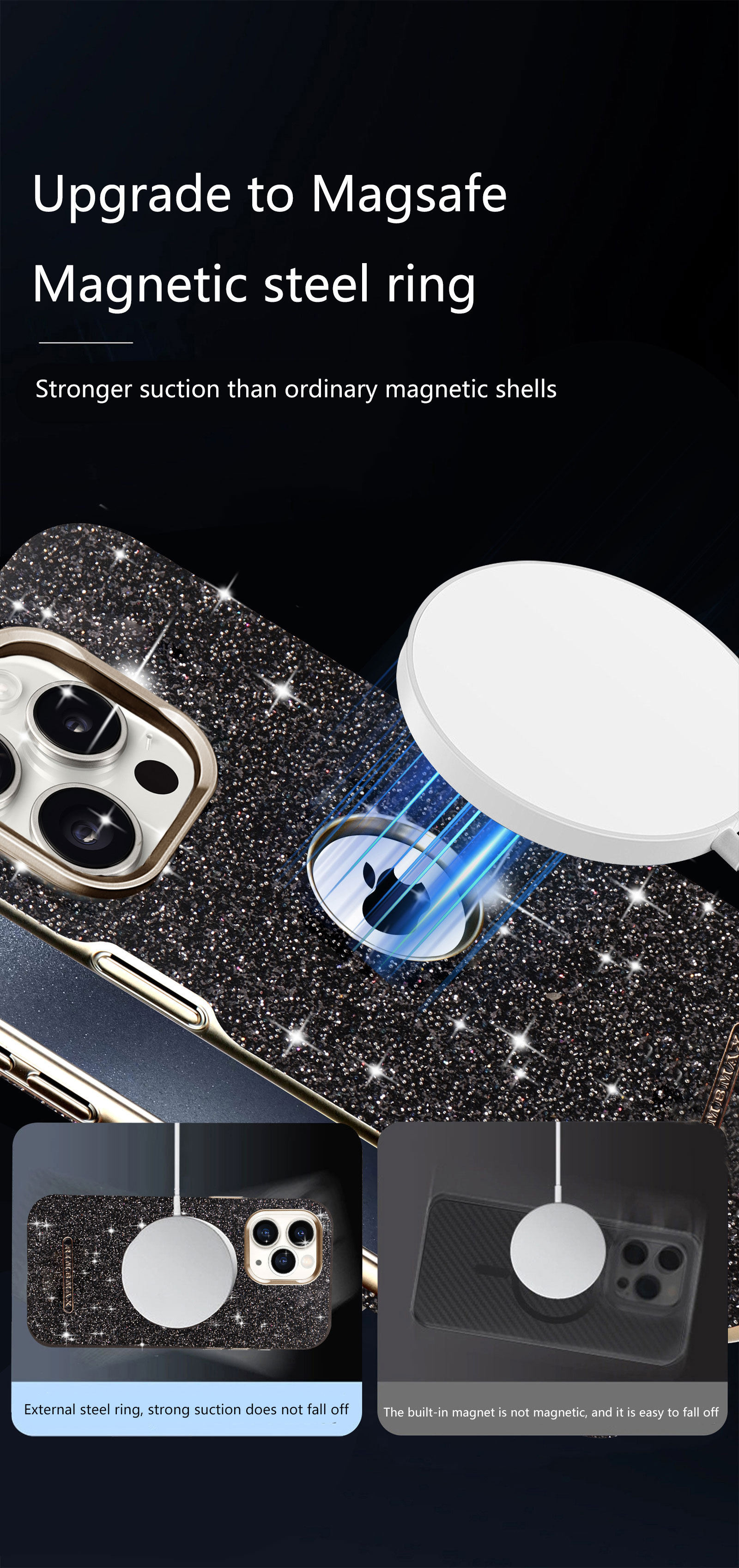 Ốp lưng iPhone 16 Pro Max từ tính chống rơi, viền dày bảo vệ toàn diện, thiết kế sang trọng hồng long lanh — Nhãn lộn lấp lánh màu đen có tích hợp hút từ tính, Nhãn lộ màu xám lấp lánh có tích hợp hút từ tính, Nhãn lộ màu xanh lấp lánh với lực hút từ tính tích hợp, Nhãn lộ màu đỏ lấp lánh với lực hút từ tính tích hợp chi tiết 13