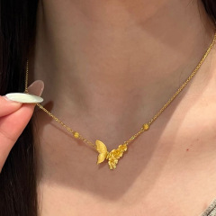 小红书爆款古法小金花时尚项链女复古重工拉丝蝴蝶锁骨链一件代发