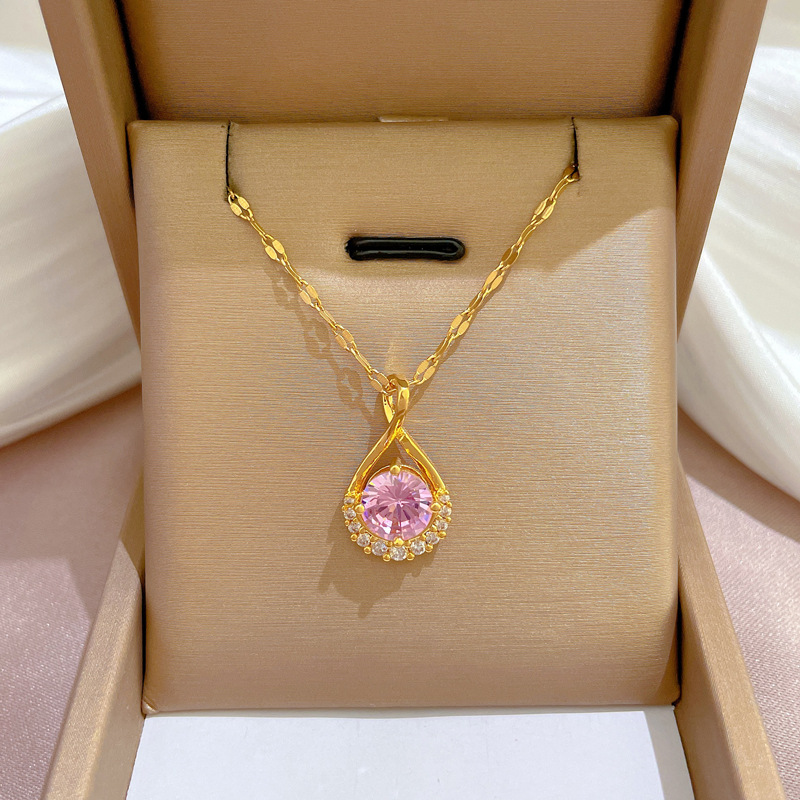 Water Drop Gemstone Necklace Titanium Steel Diamond Inlaid Ins_voghion.com