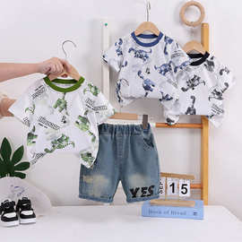儿童夏季2026新款套装男宝宝满印卡通恐龙圆领短袖牛仔短裤两件套
