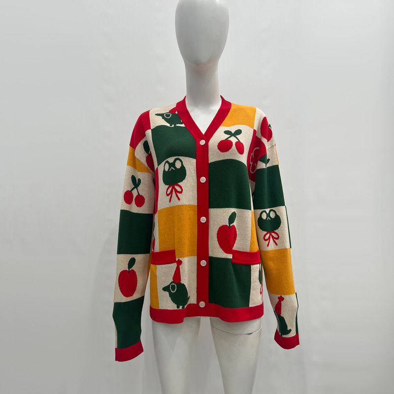 Custom-Made Girly Colorful Checkered Frog Cherry Jacquard Color-Block Red Placket Knitted Cardigan from Dalang Sweater Factory Custom-Made Girly Colorful Checkered Frog Cherry Jacquard Color-Block Red Placket Knitted Cardigan from Dalang Sweater Factory