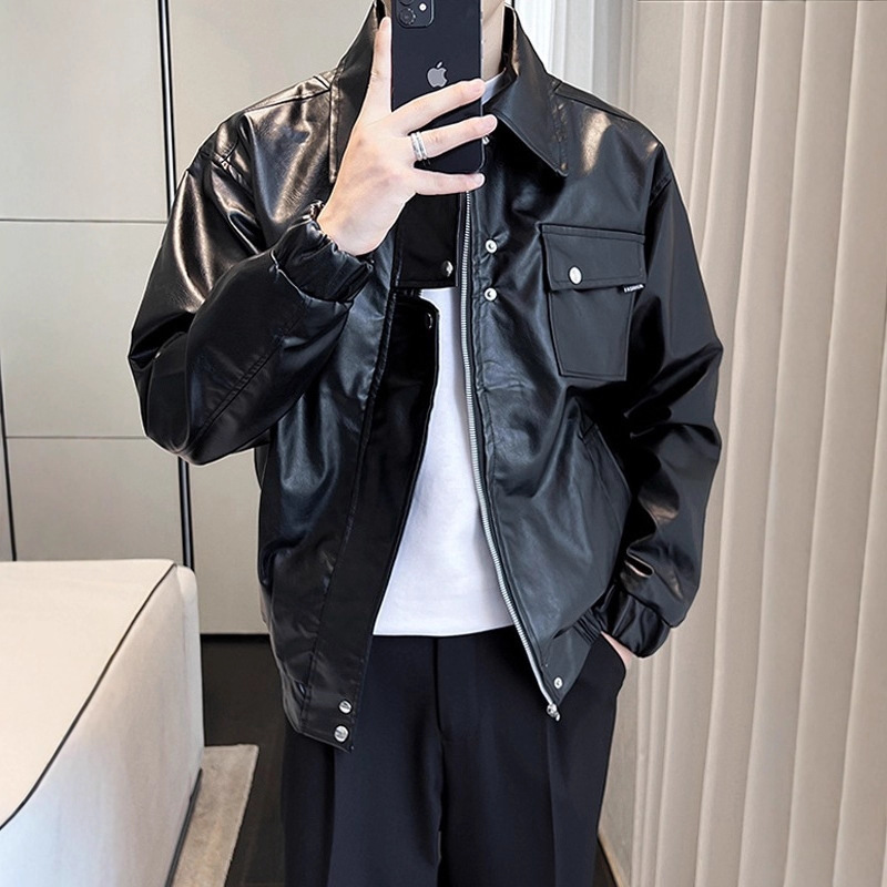 痞帅Pu皮衣小众设计感潮牌双拉链垫肩皮夹克男机车服秋冬高街外套