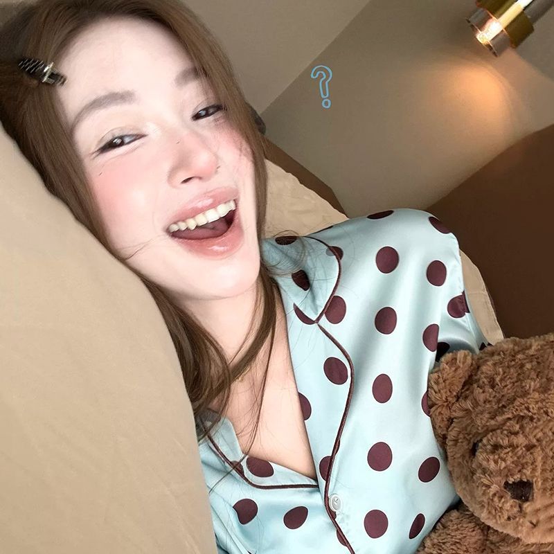Summer Short-Sleeved Shorts, Ice Silk Ins Style Fashionable Polka Dot Korean Style Cardigan, Can Be Worn Outside, Pajamas, Women's Suit, Summer Summer Short-Sleeved Shorts, Ice Silk Ins Style Fashionable Polka Dot Korean Style Cardigan, Can Be Worn Outside, Pajamas, Women's Suit, Summer