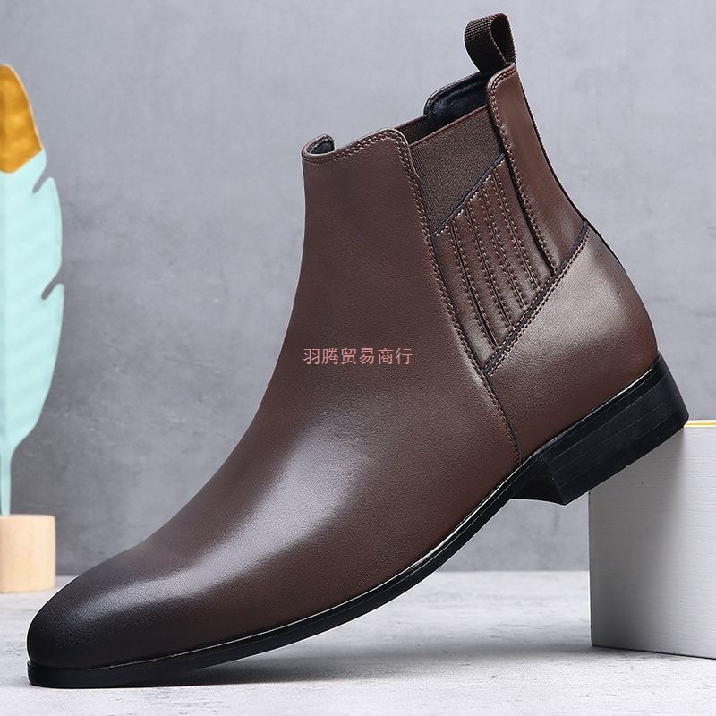 轻奢尖头英伦风切尔西靴男士高帮商务正装皮靴一脚蹬百搭马丁靴潮