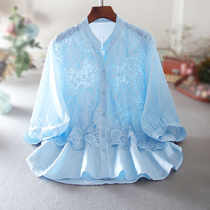 Summer Mid-Sleeve Ruffled Lace Hollow Loose plus size Slimming Mid-Length Casual Shirt Women's V-Neck Top