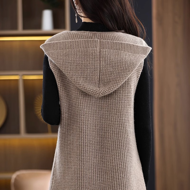 Medio-longitud suéter abrigo para mujer 2024 nuevo Estilo Chaleco primavera y otoño moda con Capucha de punto cardigan chal ropa exterior image 6