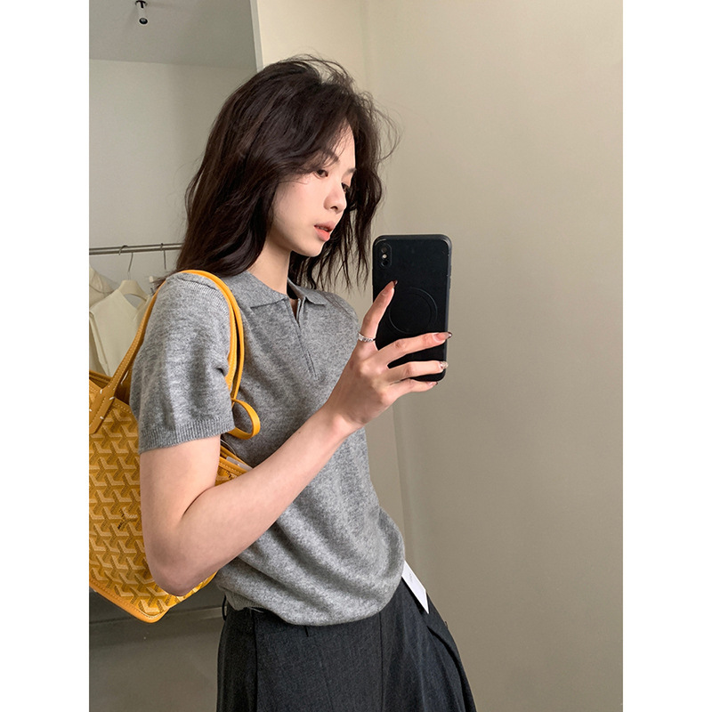 Summer gray polo collar half zipper short sleeve sweater women's lapel design feeling base shirt elegant thin top