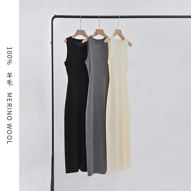 Pinrong 60-Count Yangzi Yarn Pure Wool Dress for Women, Stretchy Slim-Fit Knit Sleeveless Inner Tank Top Long Dress