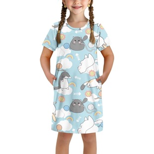 One Piece Minimum Order, Cute Cartoon Kitten Print Casual Dress, Pajamas, Loose Home Wear, Skirt Can Be Worn Outside, Dropshipping