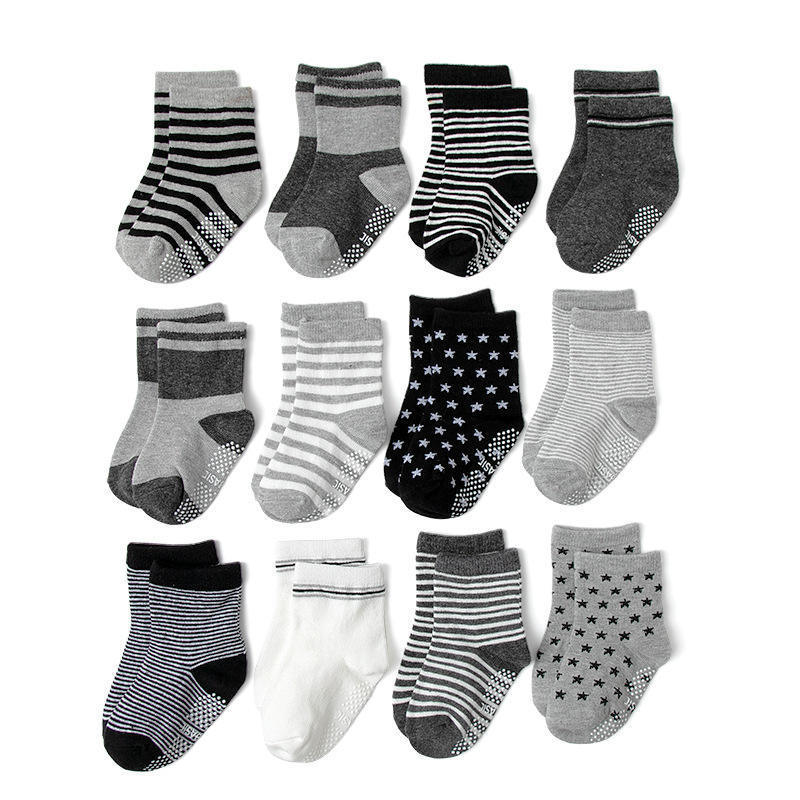 Pair of Black, White, and Gray Polka Dot Animal Robot Flower Heart Rabbit Children's Non-Slip Toddler Cartoon Baby Socks