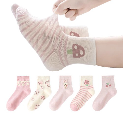 Wholesale Children's Socks with Six Fingers, Girls and Boys Spring and Summer Baby Net Eye Medium Cuff Cotton Socks for Big Kids