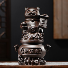 黑檀木雕聚宝盆招财猫摆件实木质雕刻家居客厅装饰品红木工艺品