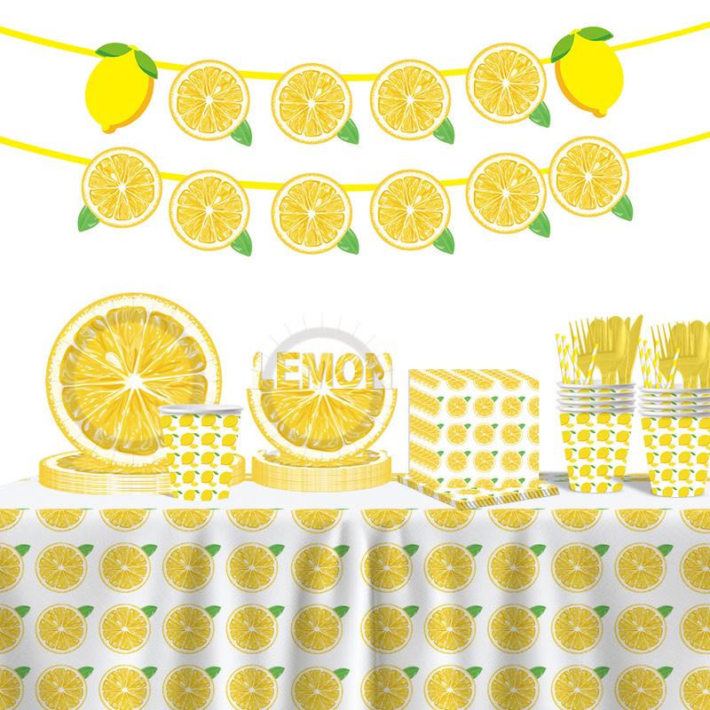 In-Stock Lemon-Themed Party Afternoon Tea Children's Birthday Party Supplies Disposable Paper Plates Paper Cups Tableware Wholesale