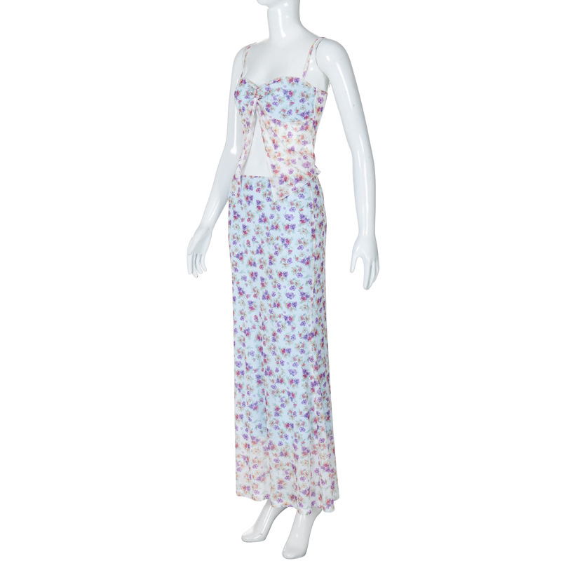 Sexy Double Layer Mesh Camisole Slim Mid Skirt Sexy Floral Suit Women
