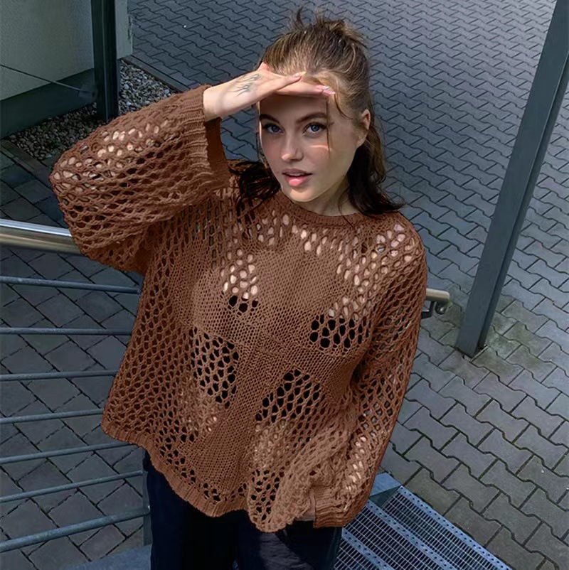 Top de punto estilo europeo y americano 2025, cuello redondo, manga larga, holgado, transparente, retro, sexy, para playa