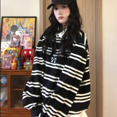 美式慵懒风条纹polo领长袖卫衣女春秋宽松显瘦休闲松弛感套头上衣