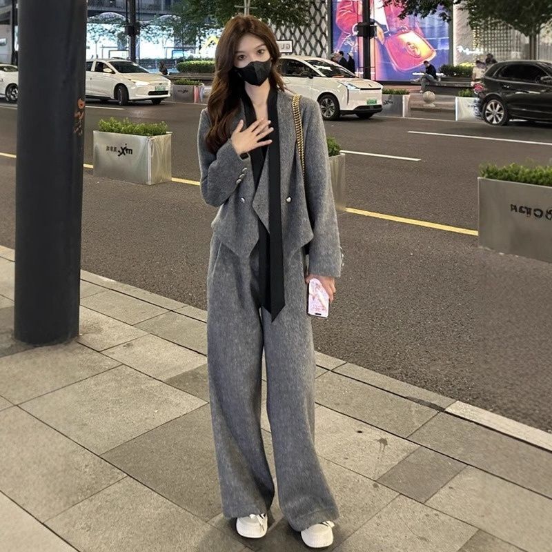 时尚飘带毛呢西装外套女秋休闲筒裤秋冬新款两件套套装韩版|undefined