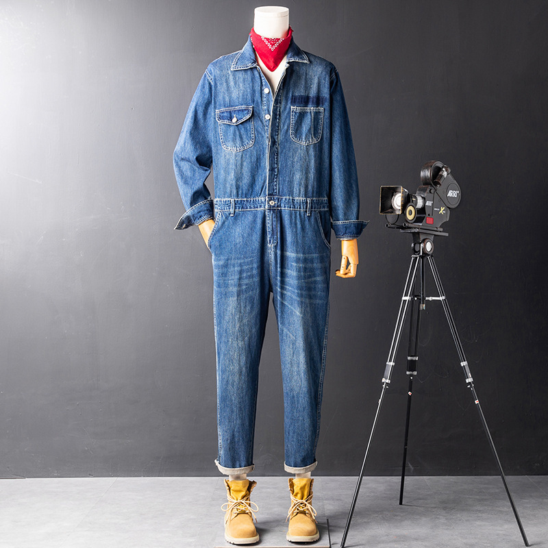 Nostalgic Retro Denim Jumpsuit Suit Men's Spring & Fall Trendy American One-Piece Jumpsuit Men's Denim Pants