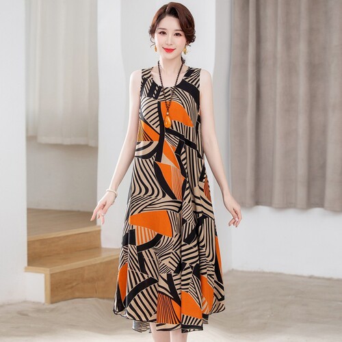 Chic Mid-Age Mother Cotton-Silk Dress for Women Summer New Style Sleeveless Straps Loose Plus Size Vacation Wind Beach Dress