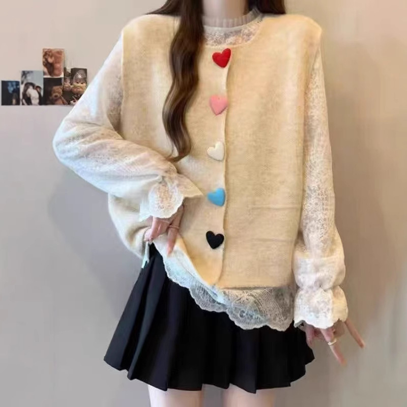 韩版休闲春秋季新款爱心彩扣毛衣时尚气质甜美减龄针织衫坎肩女潮|undefined