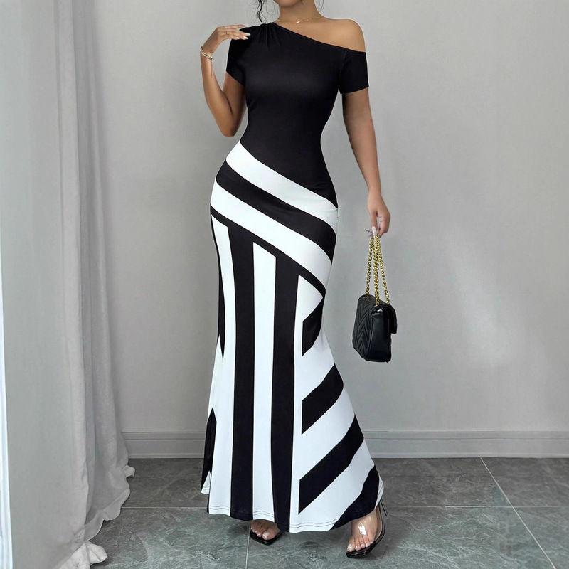Amazon European and American Cross-Border New Sexy Asymmetrical Neckline Irregular Striped Mermaid Hem Dress for Women Amazon European and American Cross-Border New Sexy Asymmetrical Neckline Irregular Striped Mermaid Hem Dress for Women
