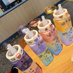 Three Color Rainbow Gradient Color Square Sports Straw Plastic Water Cup Portable Lift Rope Bouncing Cover Scale Water Bottle Wholesale