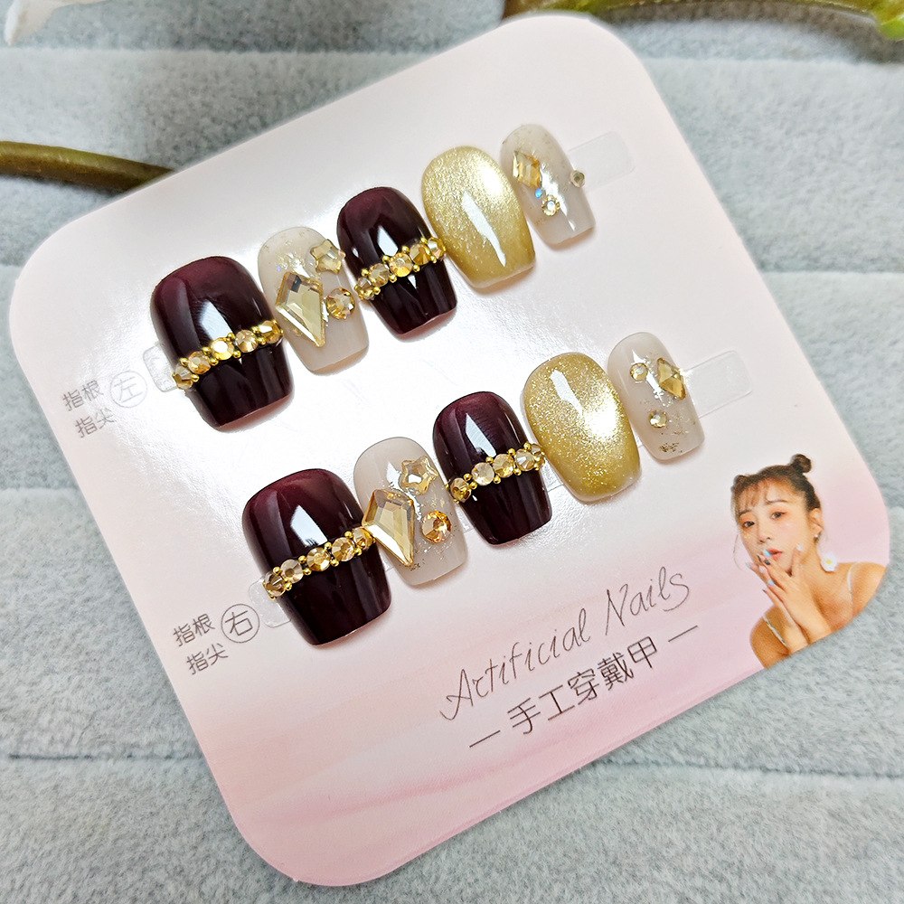 Dulce cielo estrellado, uñas de uñas de ojo de gato, 10 piezas hechas a mano, escalera corta, parche de uñas de diamantes, armadura de vestir de gran venta