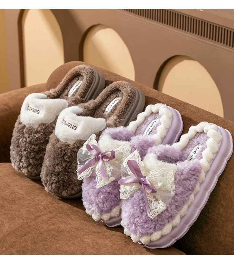 Pantofole soffici semplici fiocco coniglio peluche caldo cotone trascina coppia stanza pantofole interne in cotone_voghion.com