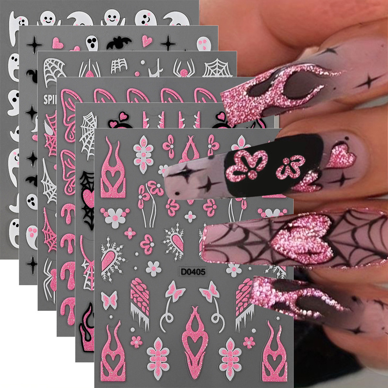 White Luminous Pink with Glitter Halloween Nail Art Stickers European and American Style Ghost Spider Flame Adhesive Nail Stickers