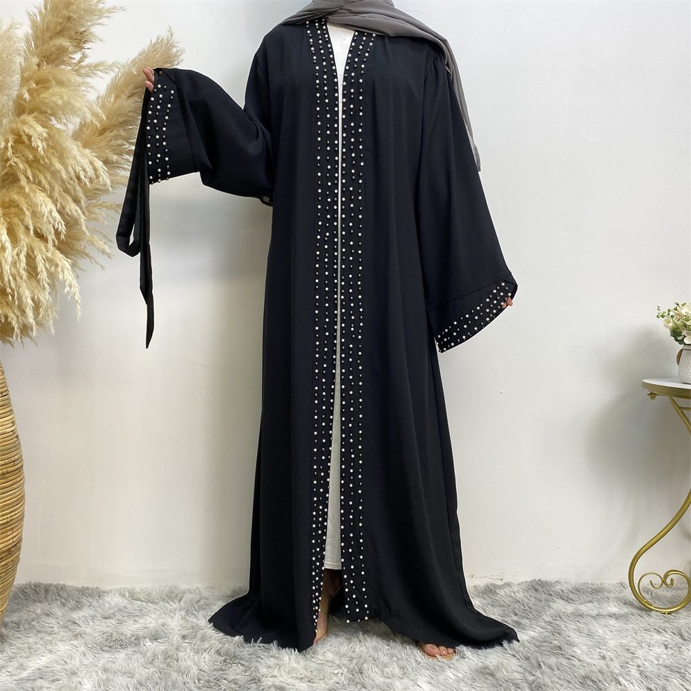 Arab Turkish Middle Eastern Fashion Elegant Solid Color Beaded Muslim Tie-Up Cardigan Robe 1838_ecoleips.com