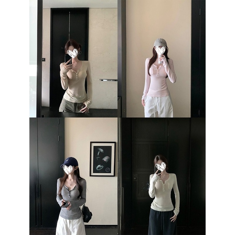 韩系百搭亨利领单排扣设计修身显瘦针织长袖女早秋新款休闲上衣|undefined