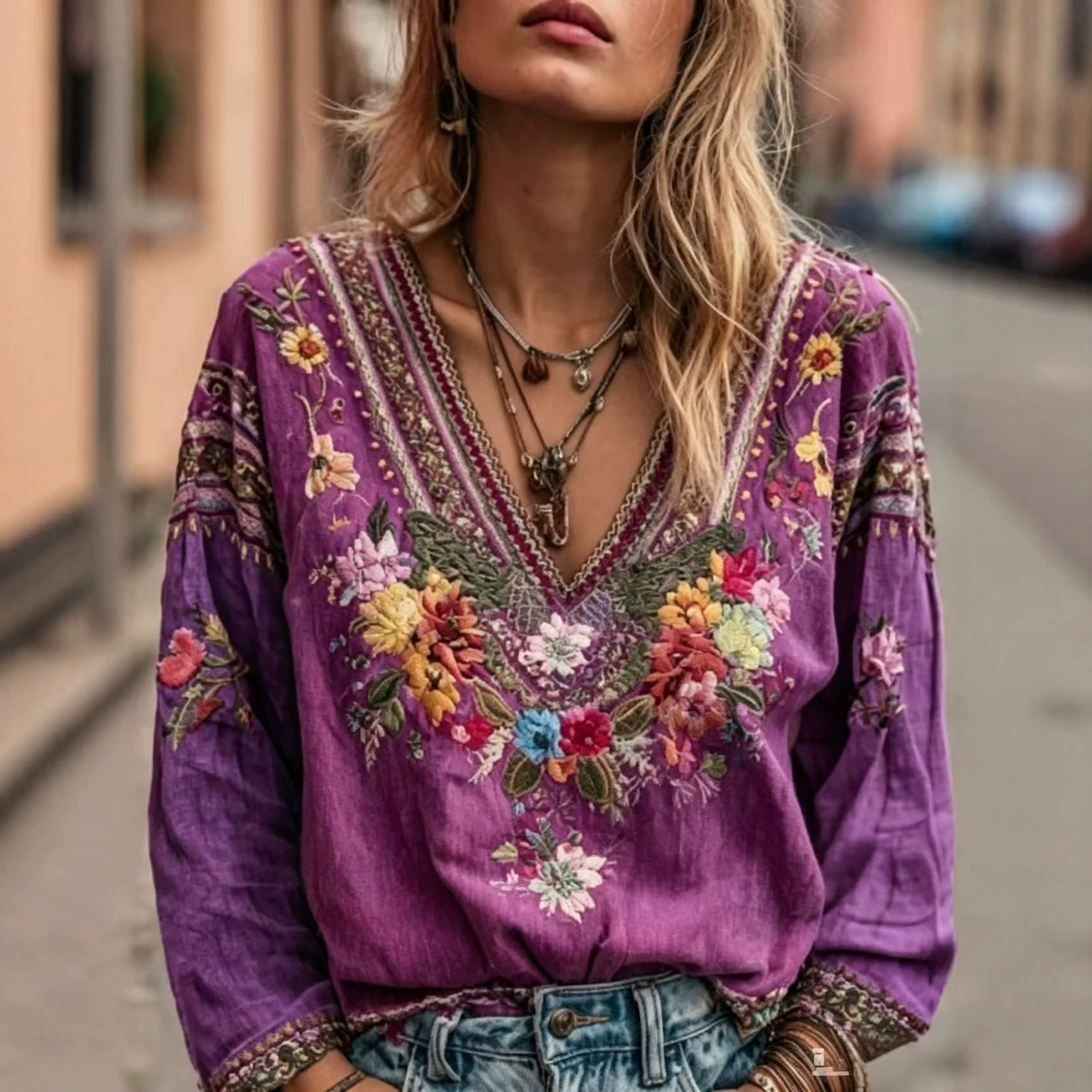 European And American Women's Casual Retro Bohemian V-neck Top Ethnic Style Long Sleeves_ecoleips.com