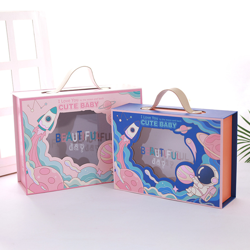 Cartoon astronaut gift box with window, transparent gift box for children, baby shower gift box, packaging box