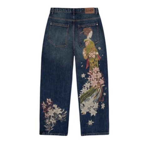 European American Cross-border Casual Pants With Plum Blossom Embroidery, Street-style Jeans, Loose Wide-leg Pants,_ecoleips.com
