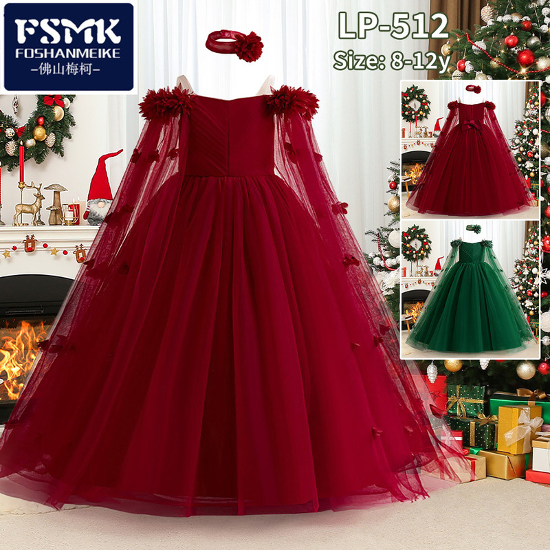 European and American New Girls' Dress Princess Dress Flower Mesh Puffy Dress for Big Children and Long Dress Banquet Evening Dress