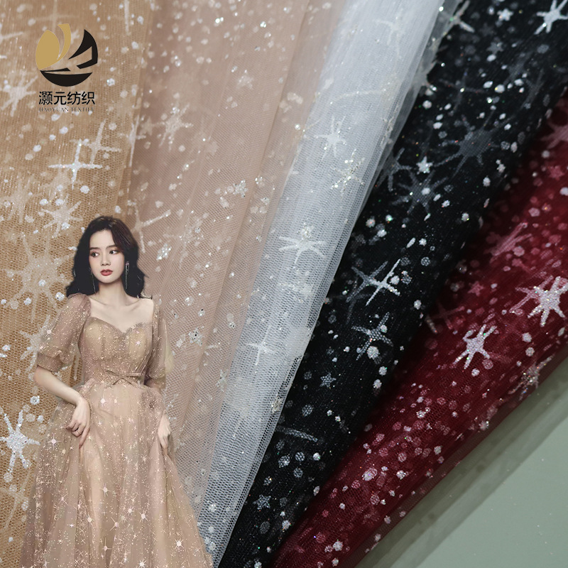 Fabricante de malla en stock estrella de oro pulverizado oro pulverizado polvo vestido de boda tela de cabeza gaza