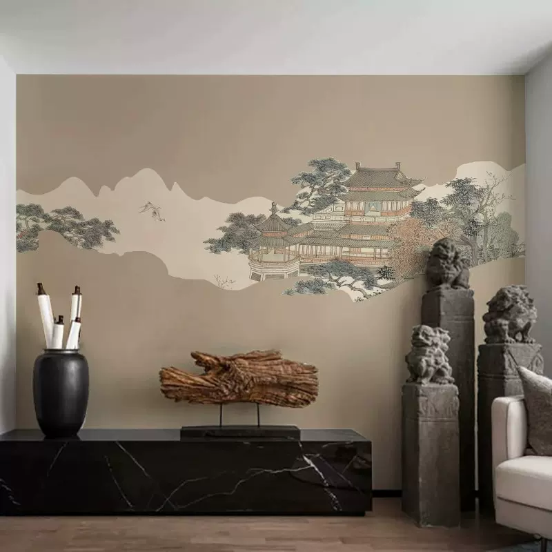现代新中式意境阁楼山水壁画茶室卧室客厅背景墙纸餐厅养生馆壁纸