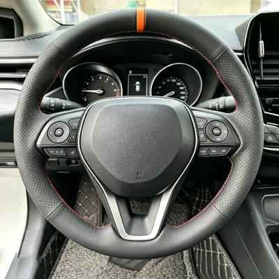 Steering wheel cover – hand-sewn steering wheel cover - toyota-series-with-holes-on-both-sides-orange-return-to-center-mark-orange-line-38cm