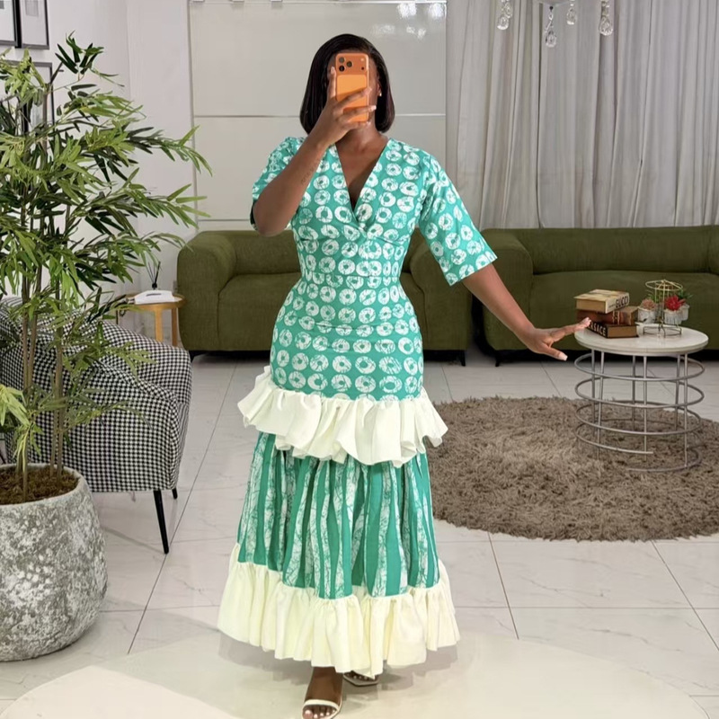 2026 Summer New European and American Cross-Border Women's Fashion Elegant Patchwork Ruffle Long Dress