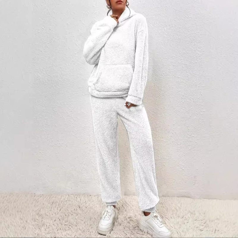 Cross-border Amazon Autumn and Winter New European and American Casual Women's Solid Color Plush Hooded Long Sleeve Pants suit Women