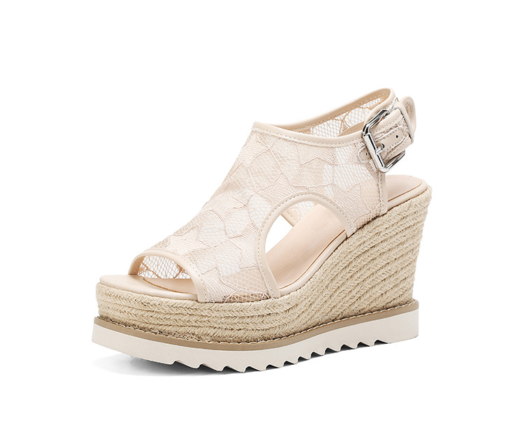 Sandal nữ đế xuồng cao gót mũi hở phong cách Bohemian, chất liệu đan rơm kết hợp lưới thoáng khí — màu hồng nhạt, màu trắng chi tiết 19