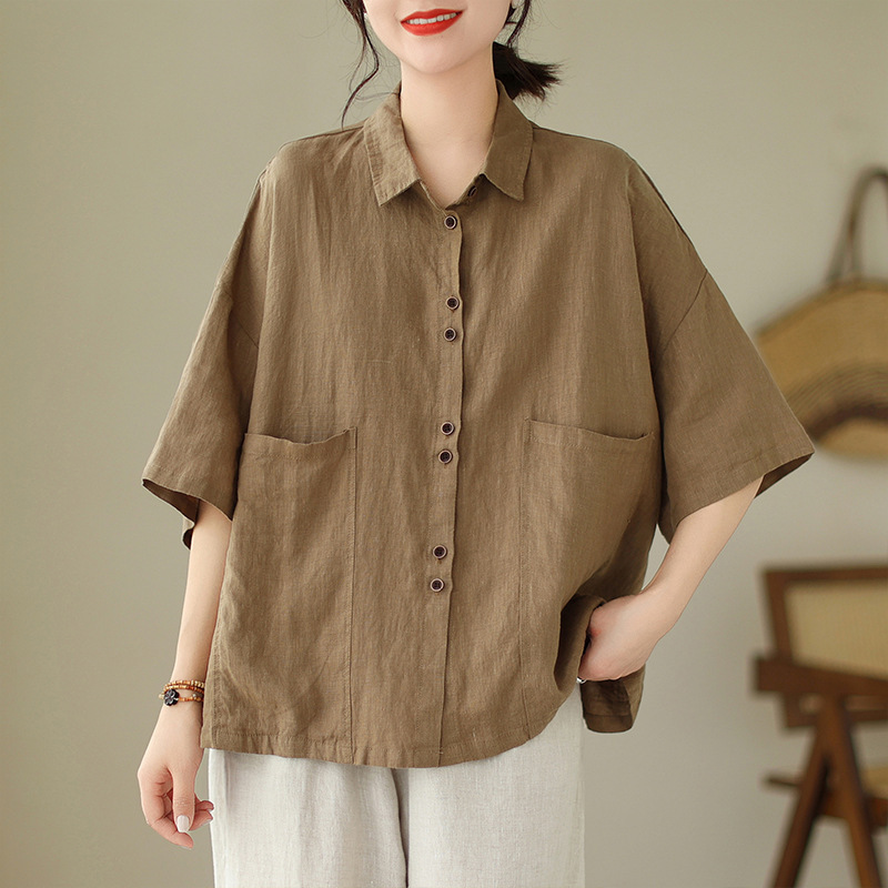 Real Shot of 2025 Summer Cotton and Linen Shirts for Women with Large Flap Pocket Pantss, Lapels, Mid-Sleeve Loose Shirts, Casual Outer Tops