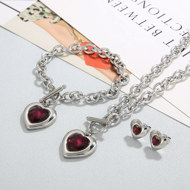 Fashion Heart Shape Stainless Steel Plating Inlay Glass Bracelets Earrings Necklace