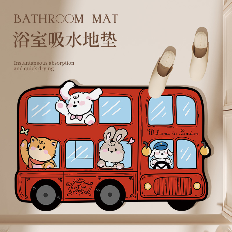 Cartoon animal bus bathroom floor mat non-slip silicone mud absorbent soft mat toilet quick-drying floor mat