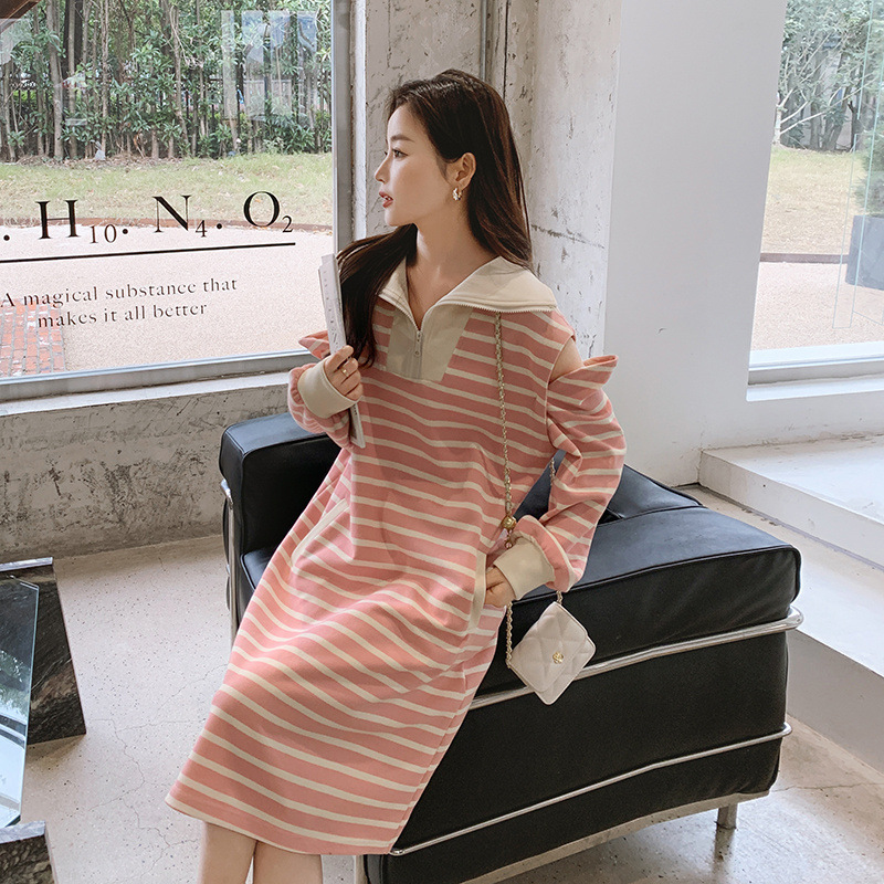 Real shot Sweet Pink stripe Scheming strapless design chic Vitality By age Show thin zipper Lapel Dress