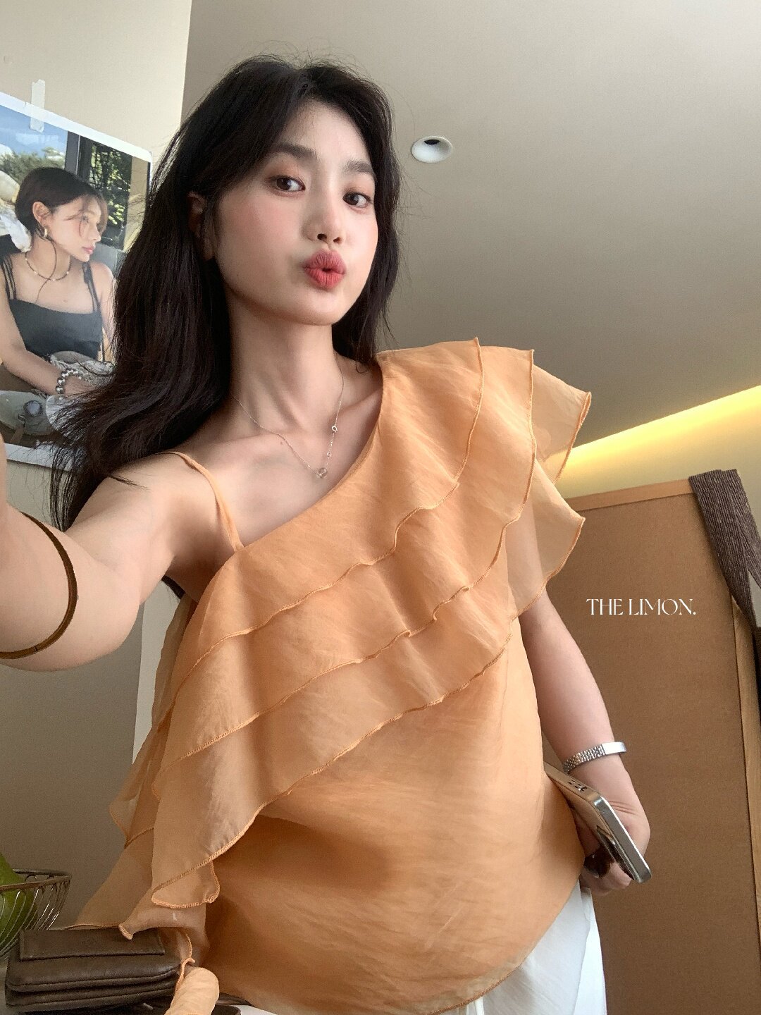 Áo sơ mi nữ một vai xếp tầng phối ren, tay ngắn, phong cách Hàn Quốc — màu đen, Màu cà phê, màu cam, màu mơ chi tiết 21
